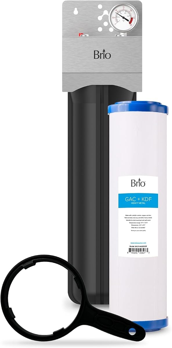 Brio Whole House Water Filter System for Heavy Metal Reduction w/Gauge & Fast-Flow GAC + KDF Filter 4.5" x 20" | Improves Taste & Protects Home Appliances | 900 GPH | 100,000 Gallons or 12 Months