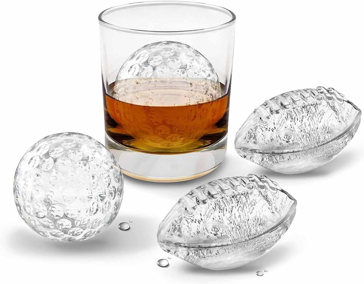 Tovolo Sports Ice Mold Bundle Set of 4 Golf Ball and Football Shapes Large Craft Ice Cubes for Whiskey Cocktails with Silicone Lids, Easy Fill Craft Ice Mold for Sports Fans