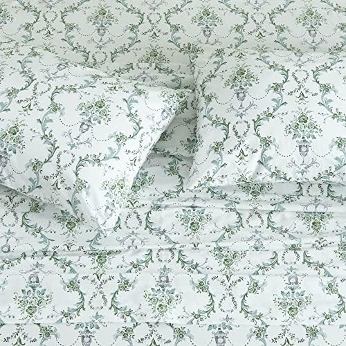 DAUAOTO 100% Cotton Bedding Printed Sheets Set for Full Size Bed Up to 14" Deep Mattress, Botanical Vines Pattern Bedlinen Sets, Green