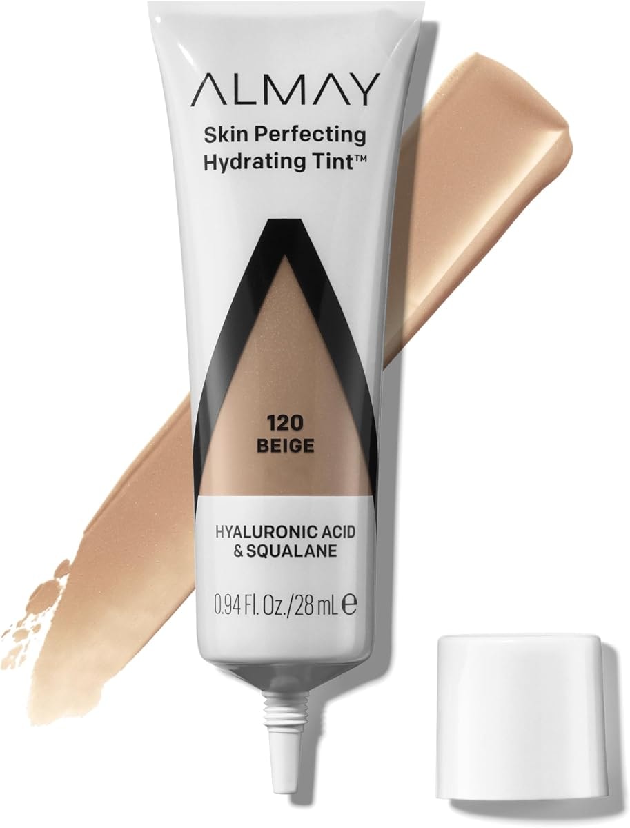Almay Hydrating Liquid Foundation Tint, Lightweight with Light Coverage, Naturally Dewy Finish, Hypoallergenic, Dermatologist TestedFragrance Free, 120 Beige, 0.94 fl oz.