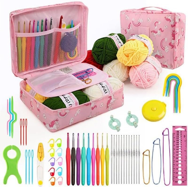 iKumar 59 Pcs Crochet Kit for Beginners Adults, Crochet Kits Include Yarn and Storage Bag, Crochet Starter Kit for Beginners, Ergonomic Crochet Hooks 2.0-6.0 mm, Lace Steel Needles 0.6-1.9 mm