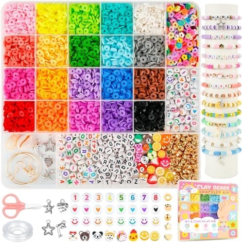 Sunlode Bracelet Making Kit 5000pcs, Jewelry Making Kit for Beginner, DIY Arts and Crafts Gift Toys for Kids Ages 6-13 Preppy Clay Beads with Charms Friendship Bracelets