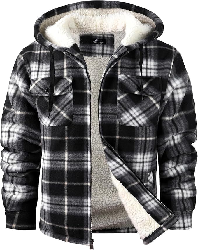 SCODI Men's Flannel Shirt Jacket Fleece Sherpa Lined Plaid Zip Up Hoodies