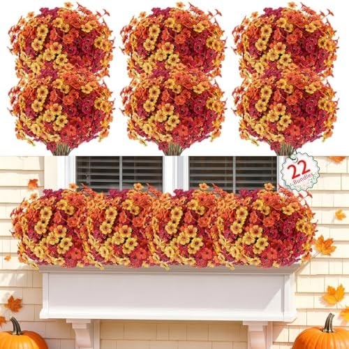Powbrace 22 Pack Artificial Fall Flowers Mums for Outdoor Indoor(Fall Mix)