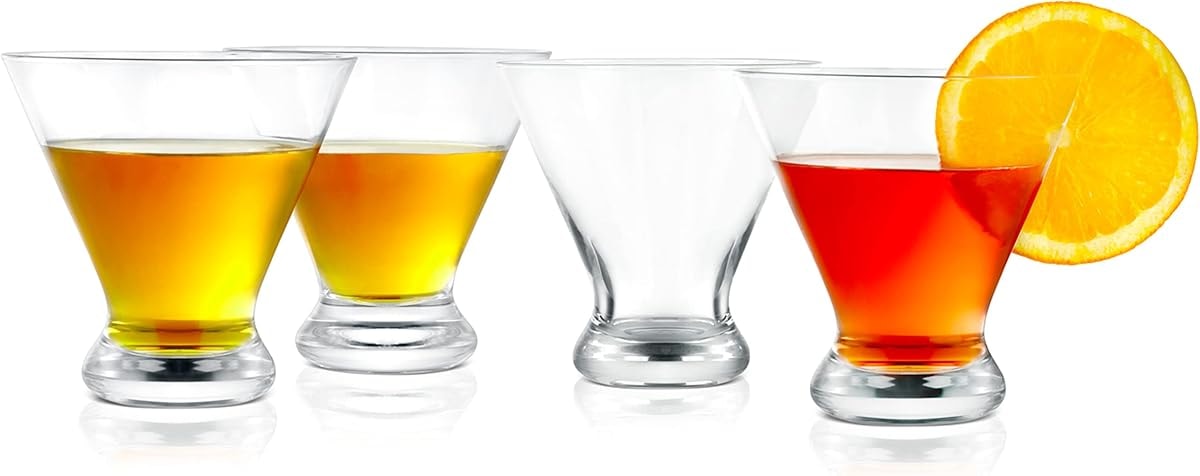 NutriChef 8.4oz Clear Martini Glasses, 4 set of Heavy Base Hand Blown Elegant Stemless Cocktail Glassware for Whiskey, Scotch, Wine, Liquor, Gin and Mixed Drinks, Dishwasher Safe