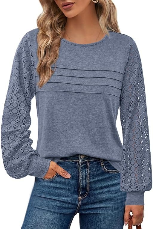 BTFBM Women’s Long Sleeve Shirts Dressy Lace Tops,XL,Grey Blue