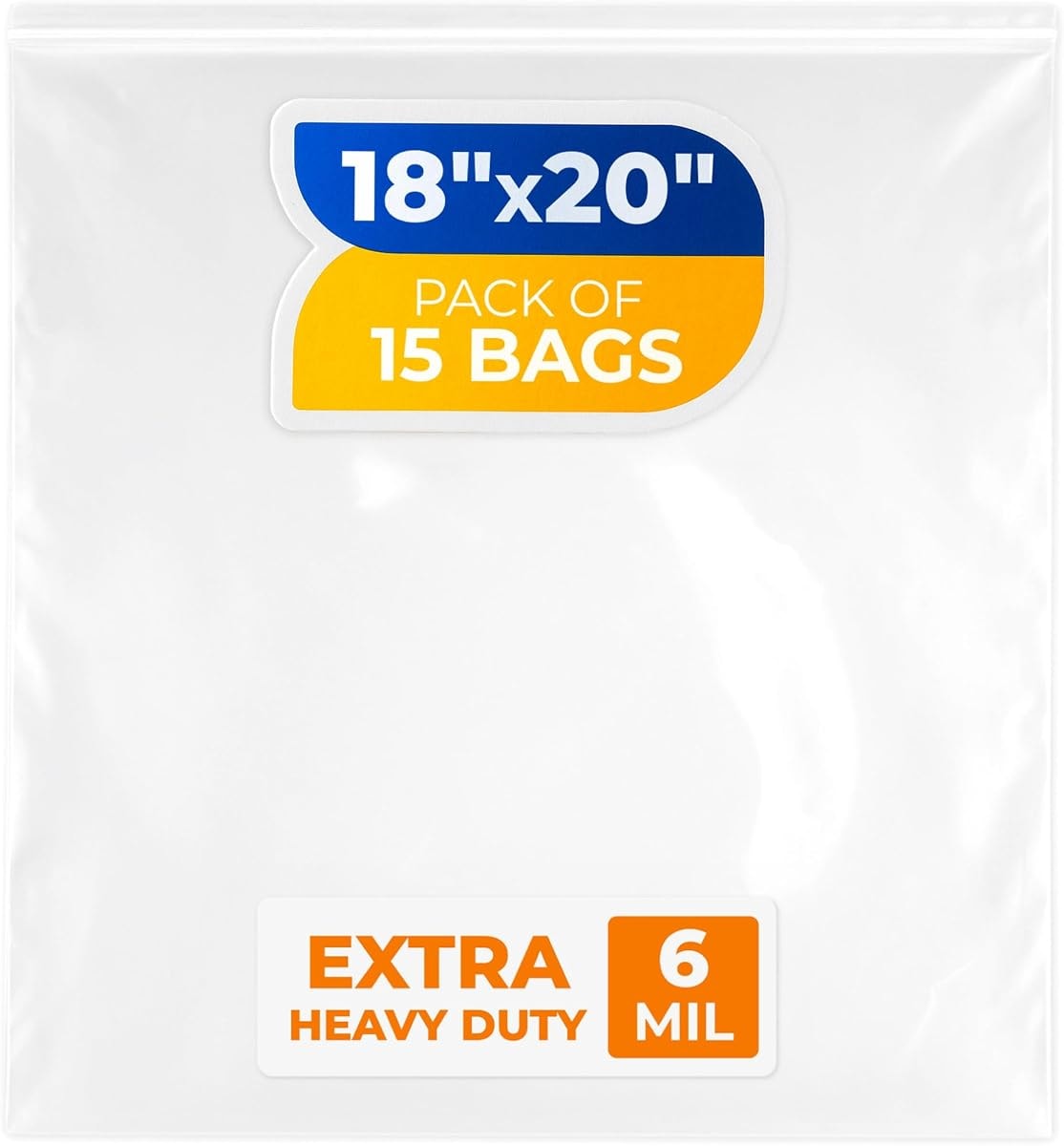 18" x 20" Reclosable Plastic Zip Bags, Pack of 15, 6 Mil Heavy-Duty Clear Poly Bags, Resealable for Food, Clothes, Hardware, Jewelry