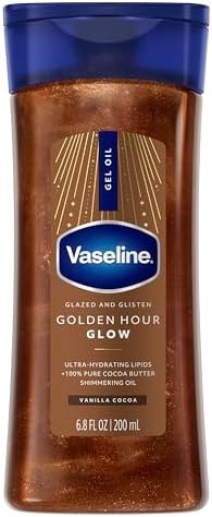 Vaseline Glazed and Glisten Golden Hour Body Gel Oil Glow Vanilla Cocoa Shimmering with Ultra-Hydrating Lipids and 100% Pure Cocoa Butter, 6.8 Oz