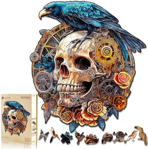 KAAYEE Wooden Puzzles Adults, Raven & Mechanical Skull Jigsaw M-11.4*10.1in