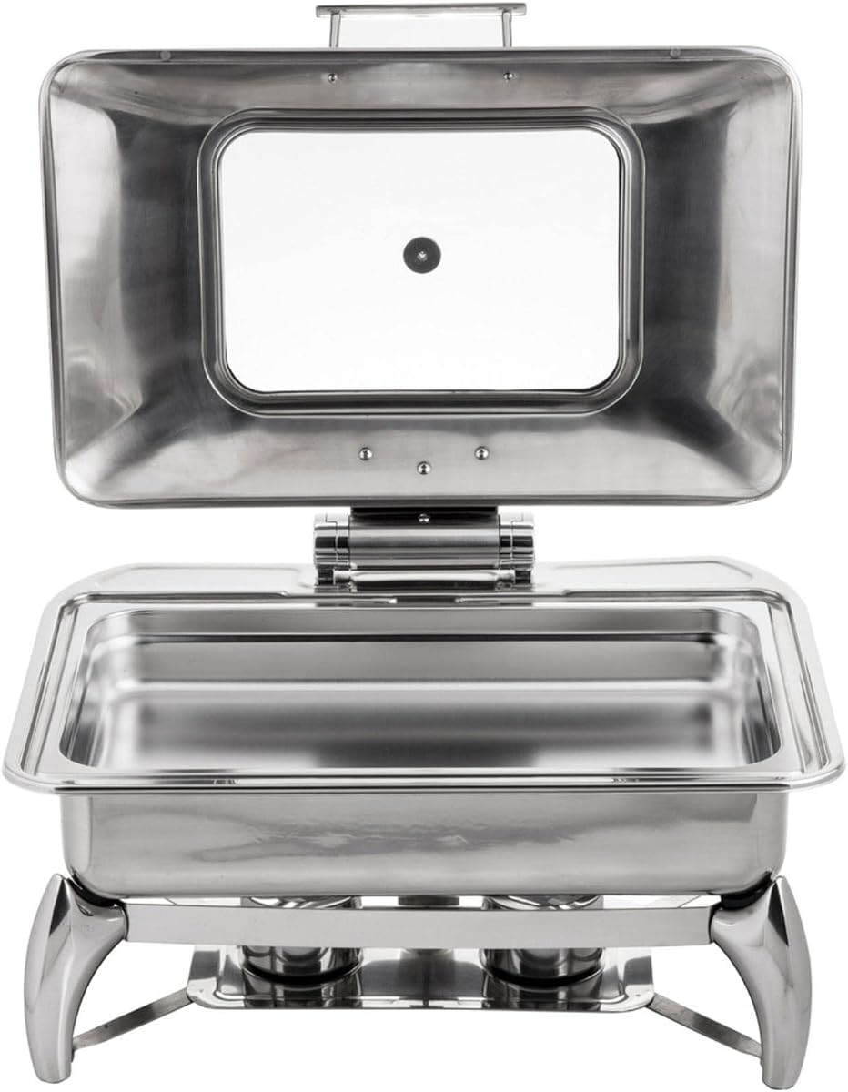 TableCraft 40161 Stainless Steel Induction Chafing Server, Polished Finish, Quick View Window, Vented, Slow Close Lid, Full Size 9 Qt, Rectangular, Ideal for Catering & Buffet