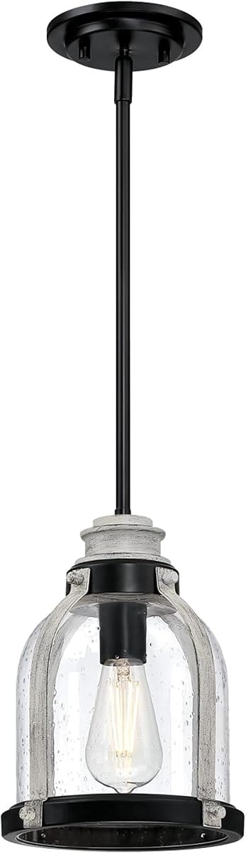 Westinghouse 6129700 Cindy Vintage-Style One Light Indoor Mini Pendant, Matte Black Finish with Antique Ash Accents, Clear Seeded Glass