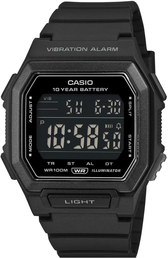 Casio W-738H Series | W-738H-1BV Digital Sports Watch for Men, 10-Year Battery, Vibration Alarm, 100M Water Resistant, LED Backlight, Dual Time, Stopwatch & Countdown Timer, Resin Strap | Black|Black