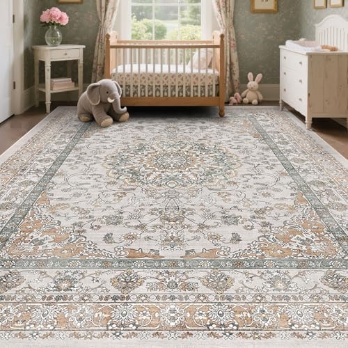 Beige & Orange Farmhouse Nursery Rugs 5x7, Neutral Stain Resistant & Non Slip Washable Cottage Area Rug for Living Room, Bedroom, Large Entryway, Dining Room Under Table - Faux Wool Distressed Print
