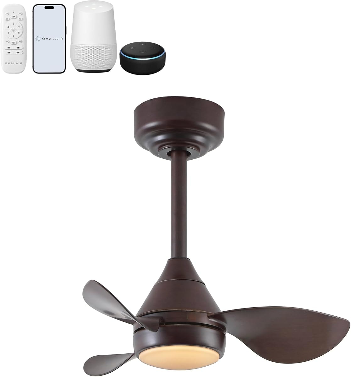 OVAL AIR AIR8000C Albini 22" Contemporary Minimalist 6-Speed Metal Mobile-App/Remote-Controlled Dimmable Smart Integrated LED Ceiling Fan for Living Room, Bedroom, Office, Olympic Dark Walnut