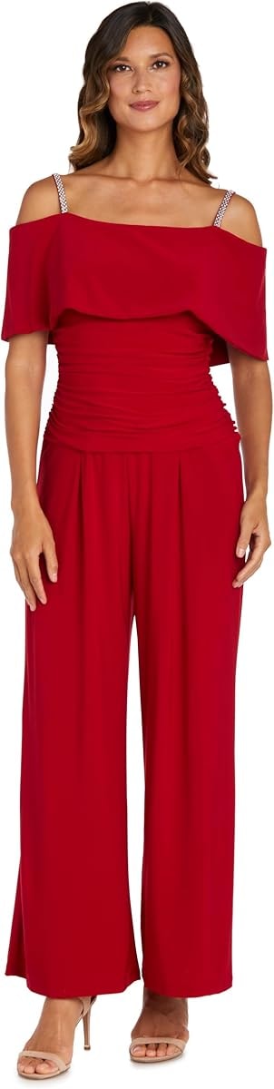 R&M Richards Women's Off-the-Shoulder Ruched Bodice Jumpsuit W/Rhinestone Straps & Wide Legs - Evening, Cocktail Party Style