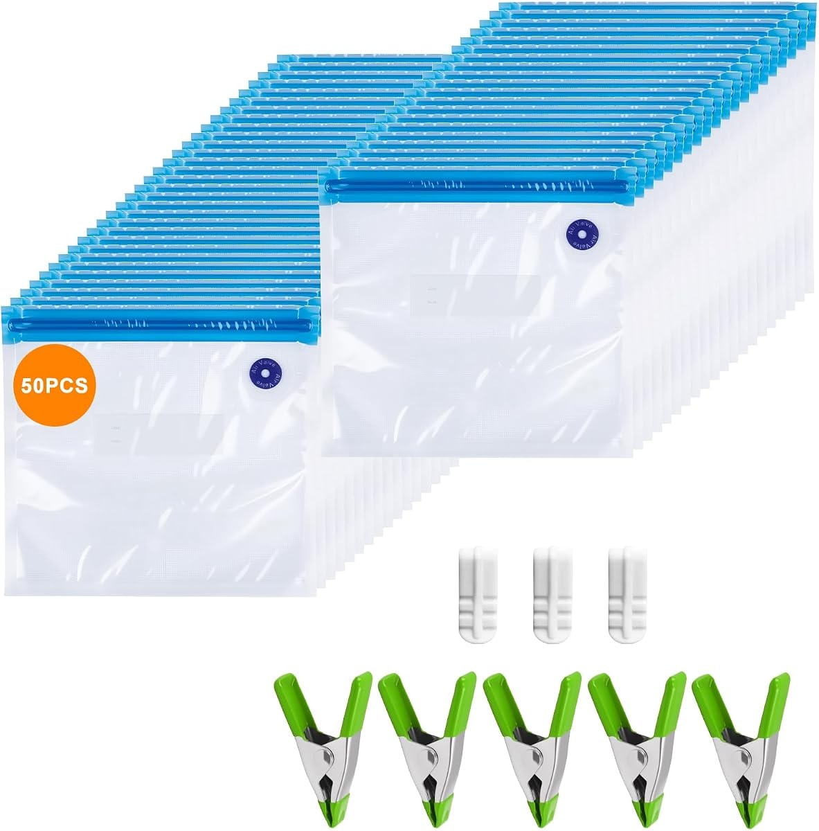 MEGAWISE Reusable Sous Vide Bags 58Pcs BPA-Free, 1.4L Vacuum Sealer Bags for Cooking & Microwave, 50 Zipper Bags, 3 Seal Clips & 5 Cooking Clips, Heat-Resistant & Leakproof (8.5x8.5in)