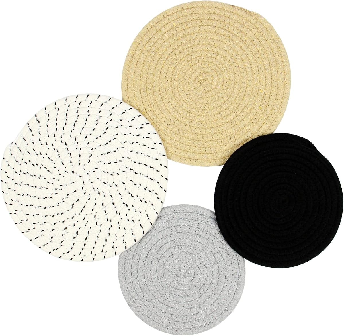 Casaphoria Cotton Trivets Set 4pcs 2Sizes 7 & 9 Inches Diameter Trivets for Hot Pots Pans Kitchen Dishes (Touch of Glam), Brown and Black