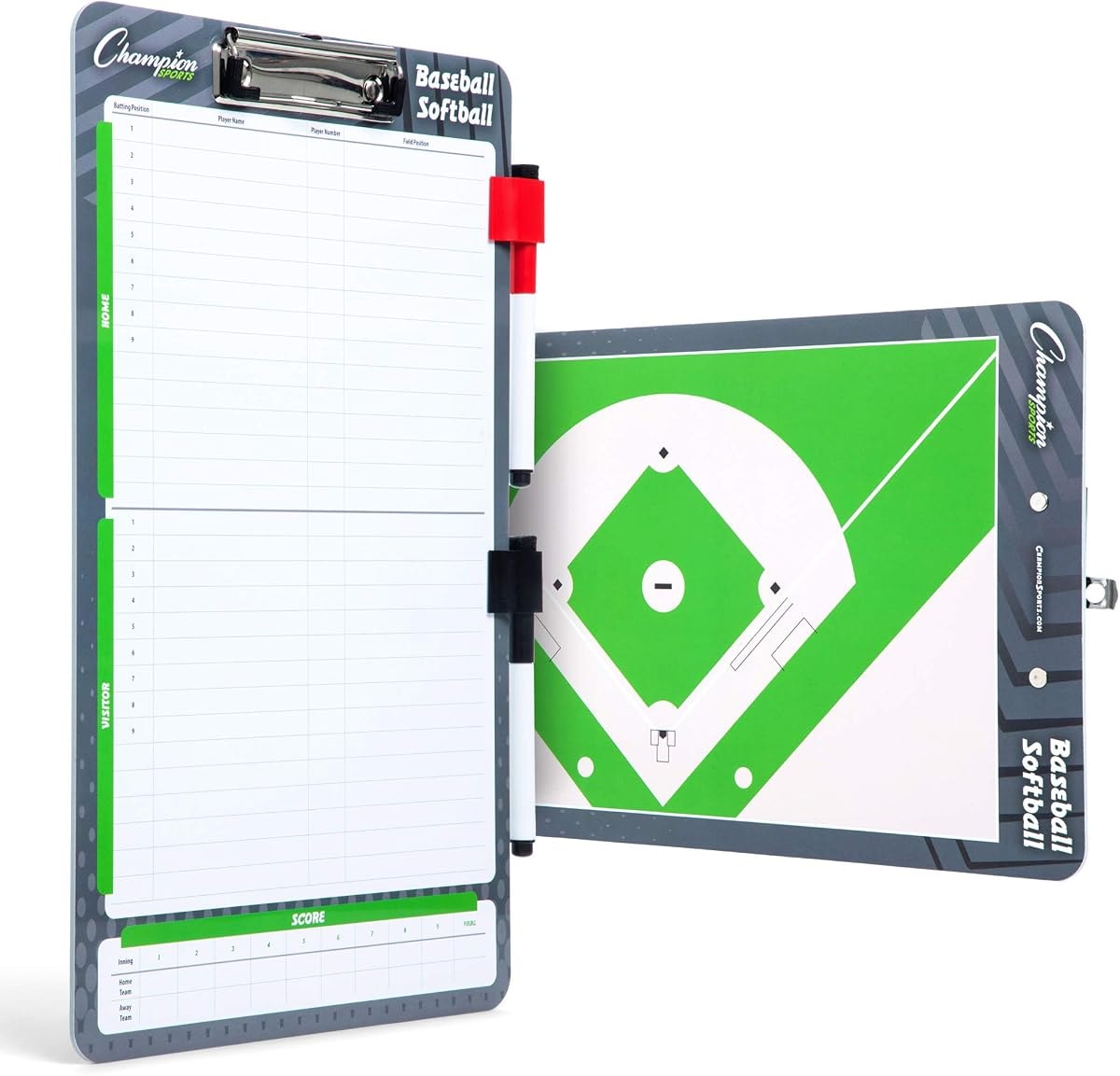 Champion Sports Dry Erase Clipboard for Coaching Baseball - Whiteboards for Strategizing, Techniques, Plays - 2-Sided Clipboards with Clip - Front Side Full Feild - Backside 2-Team Lineup (BSBOARD)