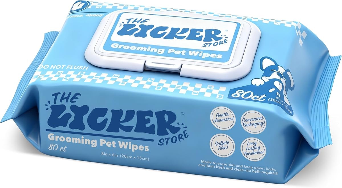 THE LICKER Store PWP1000A Dog Grooming and Body Wipes, Hypoallergenic Pet Wipes with Aloe Vera, Chamomile & Coconut Oil, Cleaning & Deodorizing for Paws and Body, 80 Count