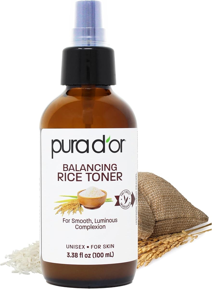 PURA D'OR 3.38 Oz Rice Water Balancing Facial Toner - Hydrating & Soothing Formula with Natural Extracts - Skin Texture Support for Radiant Skin - Alcohol-Free - Travel Size