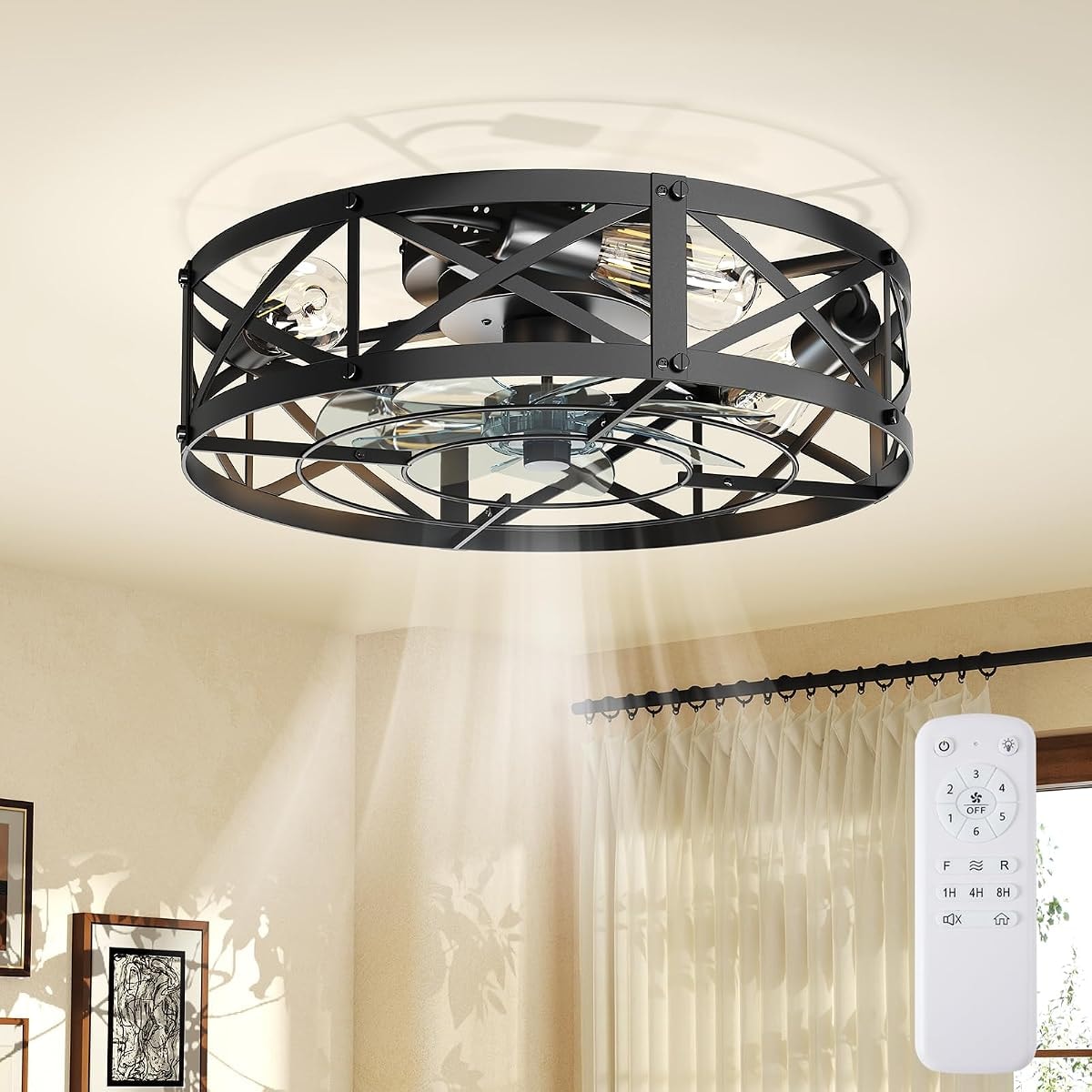 OLIXIS Ceiling Fans with Remote, Farmhouse Ceiling Fan, 19 Inch Low Profile Caged Fandelier, Flush Mount with 6 Wind Speeds, for Bedroom, Kitchen, Living Room, Bulbs Not Included, Black