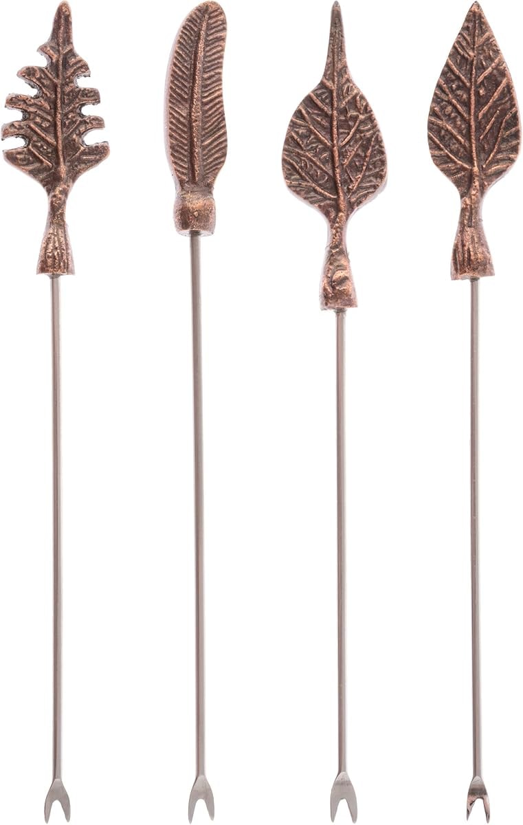 Karma, 4 PCS Cocktail Picks for Drinks, Reusable Cocktail Skewers, Garnish Picks, 4-Inch Cocktail Toothpicks, Handblown Glass Olive Picks, Copper Foliage