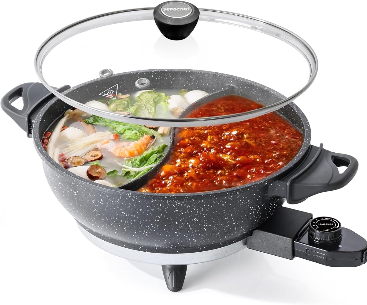 SENSCHEF TWIN™ Electric Hot Pot with Divider | EvenHeat Cast Aluminum Non-Stick Pot for No-Spot Cooking | 1500W Fast Heating | Dual-Flavor Shabu Shabu Pot for Family Use | 1-Yr Warranty