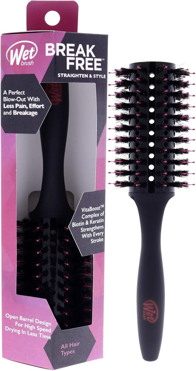 Wet Brush Straighten & Style Round Brush - for All Hair Types - A Perfect Blow Out with Less Pain, Effort and Breakage - Open Barrel Design For High Speed Drying In Less Time, Black