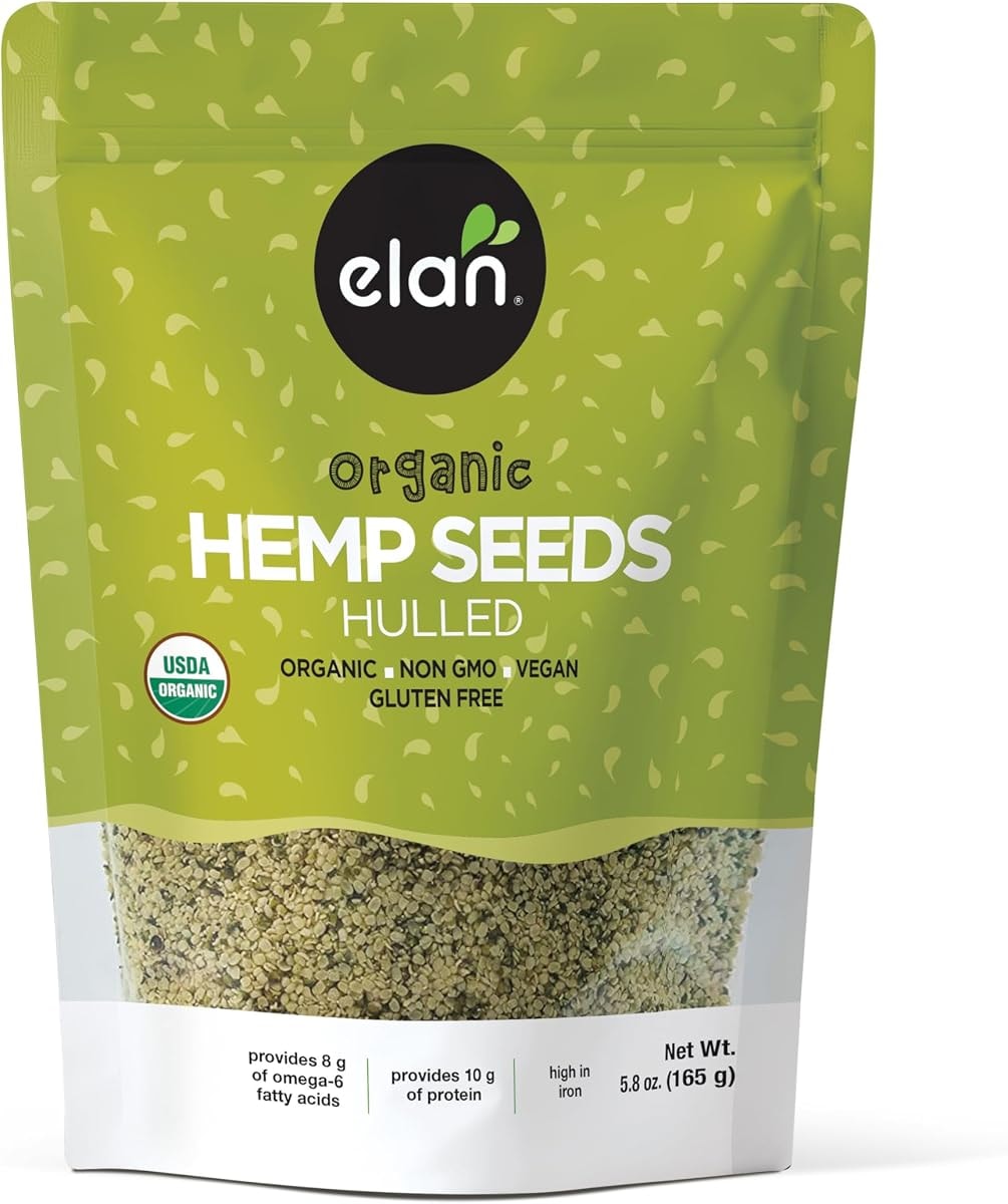 Elan Organic Hulled Hemp Seeds, 5.8 oz, Shelled Hemp Seeds, Raw Hemp Hearts, No Additives, Non-GMO, Vegan, Gluten-Free, Source of Omega-3 & Omega-6, High in Protein
