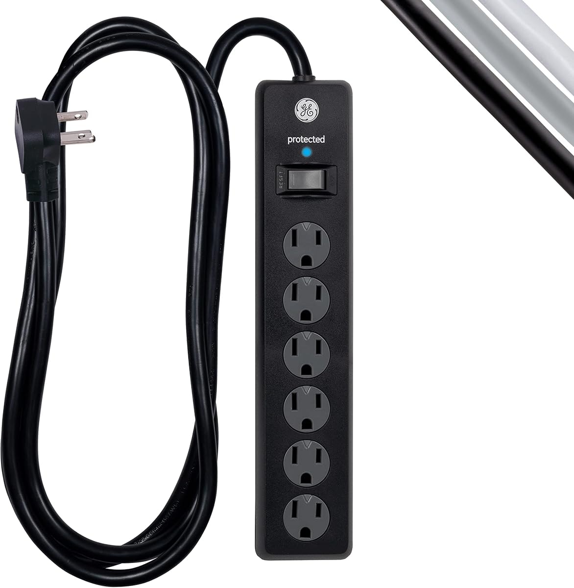 GE 6-Outlet Surge Protector, 2 Pack, 20 Ft Extension Cord, Power Strip, 800 Joules, Flat Plug, Twist-to-Close Safety Covers, Protected Indicator Light, UL Listed, Black, 54654