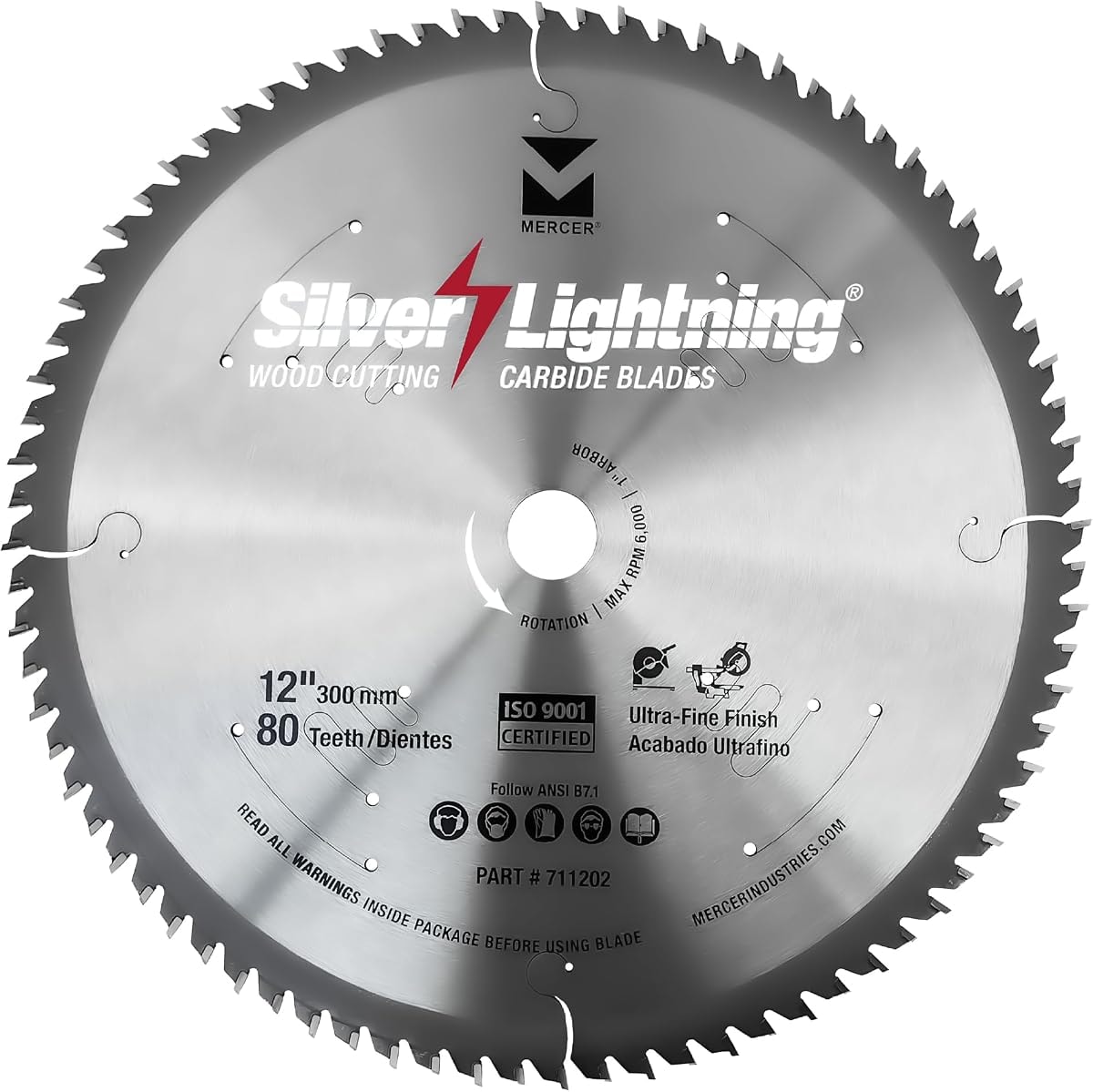 Mercer Abrasives Industries 711202 80-Tooth Hi-ATB Carbide Wood Cutting Blade with 12” x 1”, 5/8”, Ultra Fine Finish
