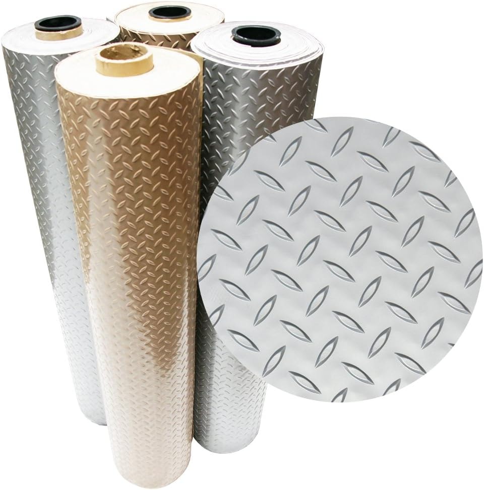 Rubber-Cal Diamond Plate Metallic PVC Flooring, Silver, 2.5mm x 4' x 25'