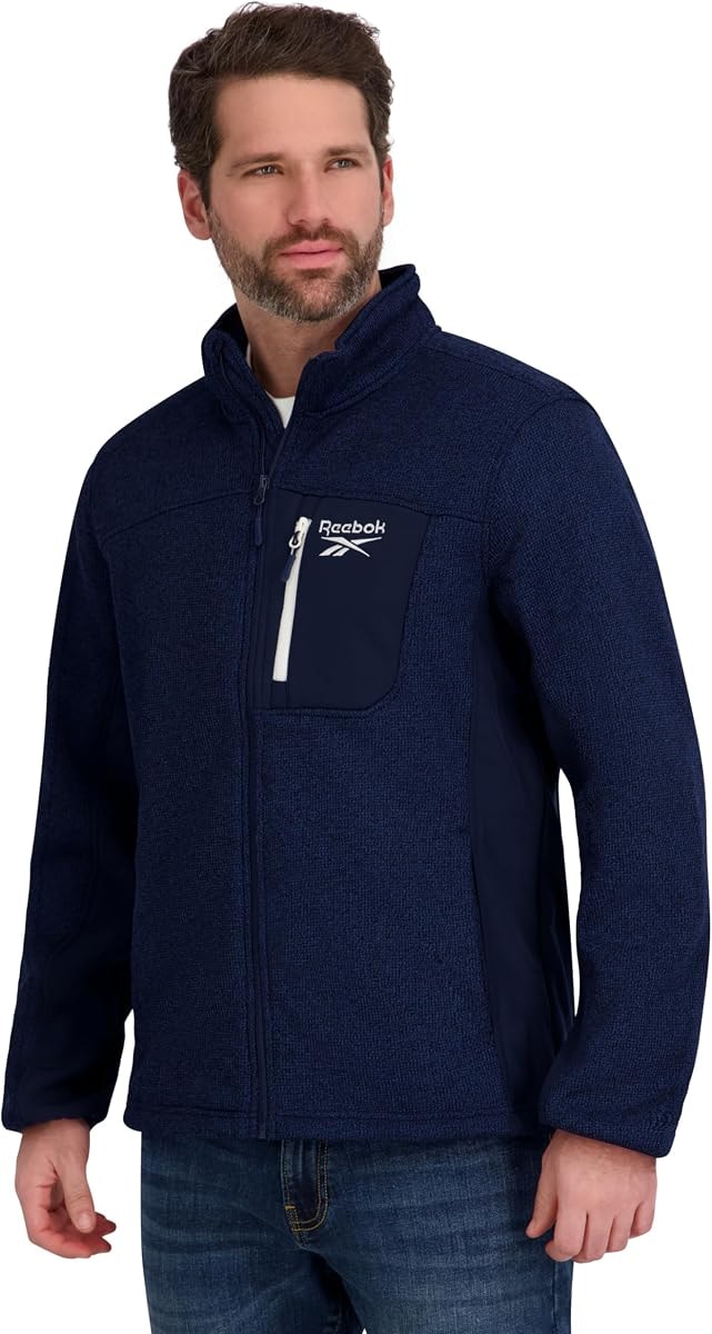 Reebok Mens Mock Neck Zip-Up Textured Fleece Shell Jacket, Batik Blue, L