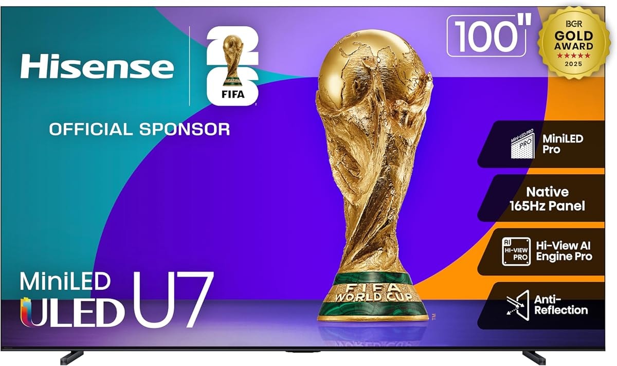 Hisense 100" U7 Mini-LED ULED 4K UHD Best Premium Gaming Google Smart TV (100U75QG) - QLED, Native 165Hz, VRR 288, Up to 3000 Nits, HDR10+, Dolby Vision IQ · Atmos, IMAX Enhanced, 2.1.2 Ch