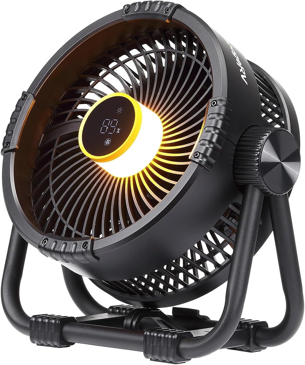 BougeRV Portable Fan Rechargeable, 20000mAh Battery Powered Fans with 4 Wind Speeds Hook Brighter Light LCD Display 270° Rotatable for Camping, Tent, Outdoors, Office, Travel, RV, Black