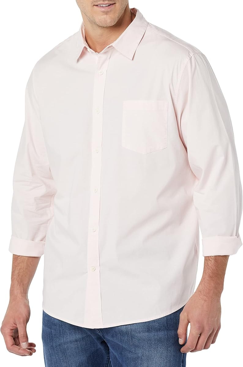 Amazon Essentials Men's Long-Sleeve Regular-Fit Stretch Poplin Shirt, Pink, X-Small