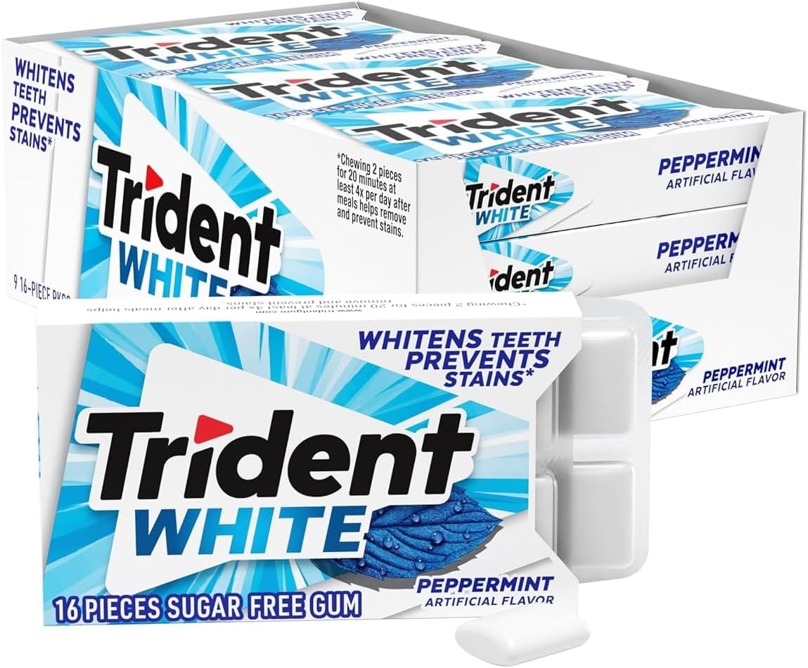 Trident White Peppermint Sugar-Free Chewing Gum, 9 Packs of 16 Pieces (144 Total Pieces)