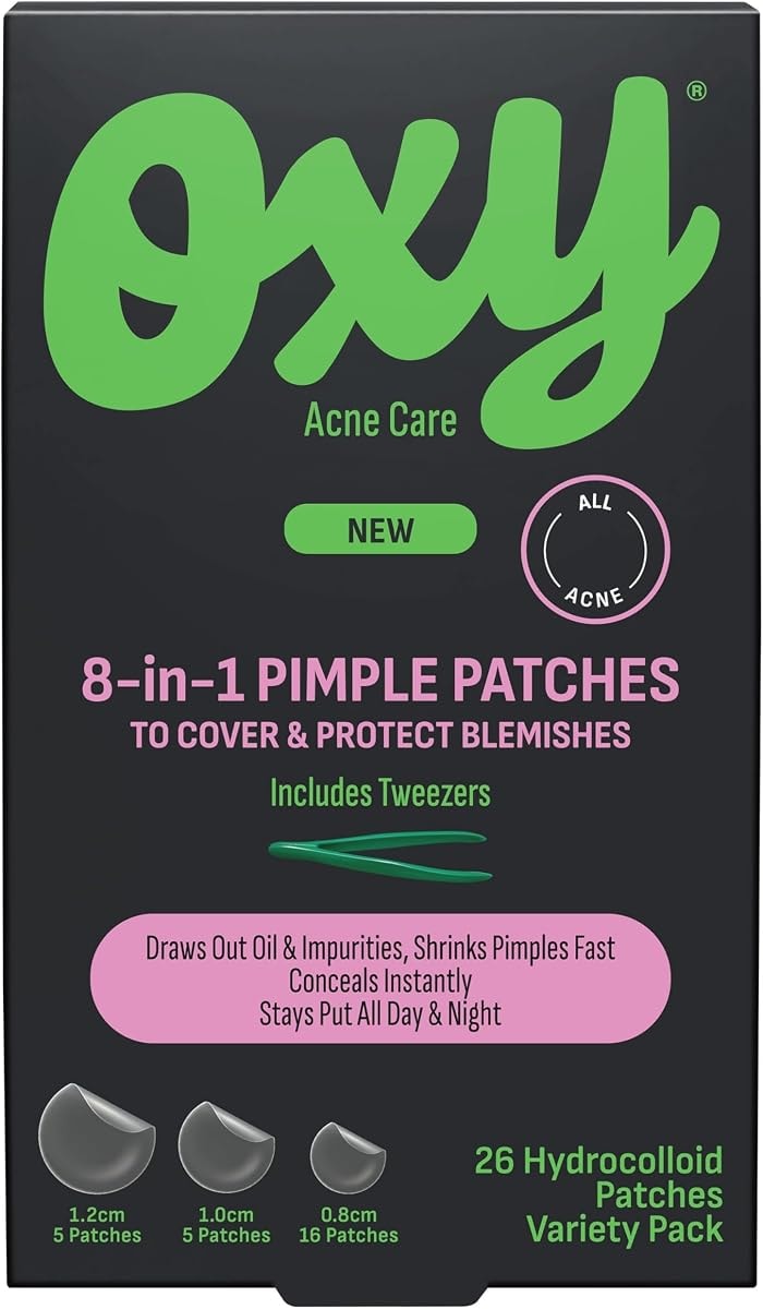 Oxy 8 IN 1 Pimple Acne Patches, Invisible, Sweat & Waterproof Hydrocolloid Zit Covers Protect & Shrink Pimples, Fast On Face & Body, 26 Count in 3 Sizes, Tweezers Included (3x26ct)
