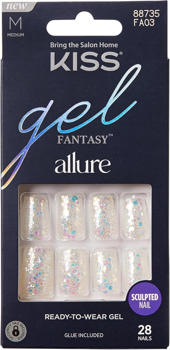 KISS Gel Fantasy Allure Press On Nails, Ready to Wear, 3D Design, Waterproof, Pink Gel Nail Glue 0.07 Oz. (2g), Manicure Stick & Mini File, 28 Count