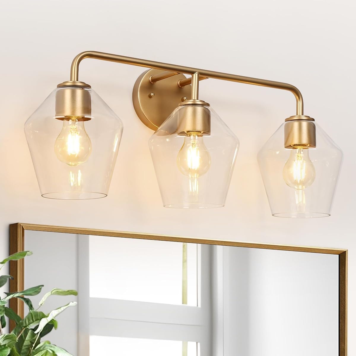 KSANA Gold Bathroom Light Fixtures, 3 Light Vanity Lights Over Mirror Modern Clear Glass Bathroom Vanity Lighting for Kitchen, Bedroom