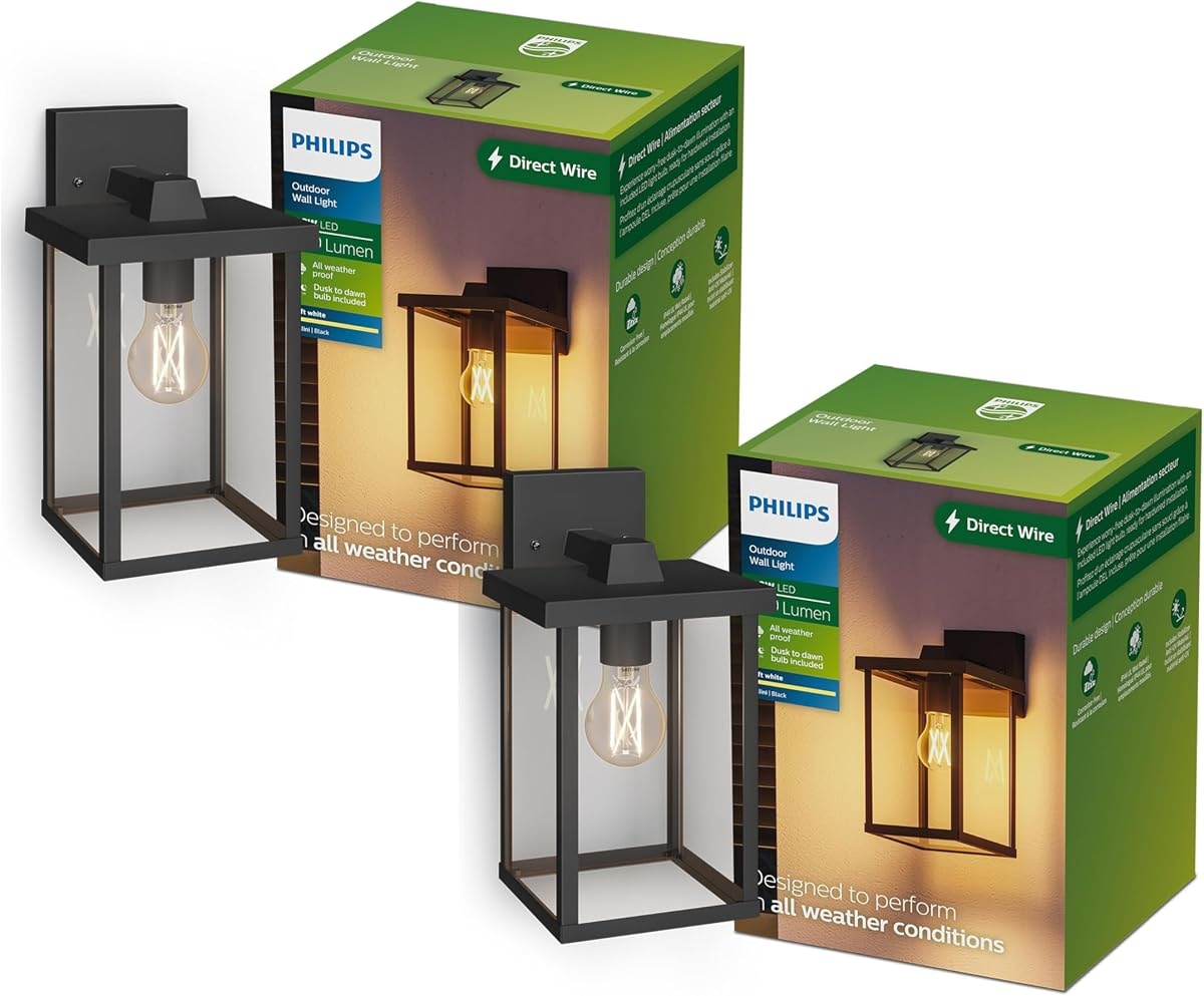 Philips Bellini Outdoor Wall Light, IP44 Weather Resistant, Dusk to Dawn, Bright Light 800 lm, Warm White Light 2700 K, Built to Last, E26 LED Bulb Included, 2 Lights