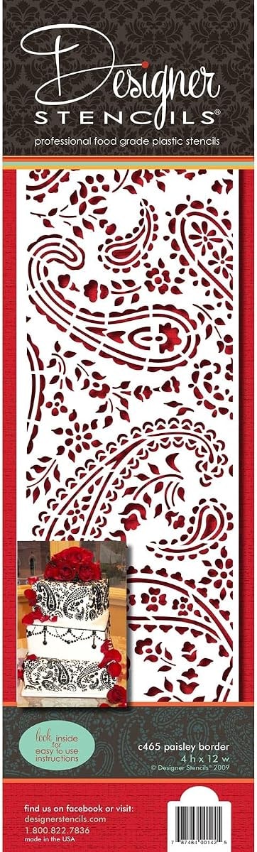 Designer Stencils Paisley Cake Side foodgrade stencil, 4 x 12 inches