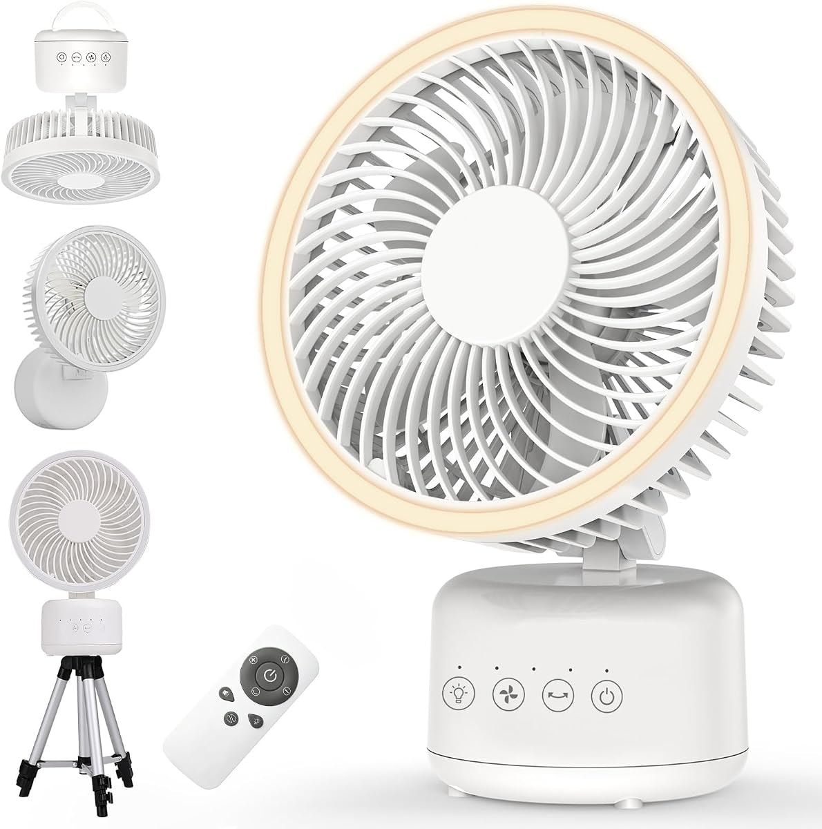 Electactic Personal Fan, Camping Fan - Rechargeable, 360° Oscillation, Type-C, LED, 4 Speeds, Remote/Timer. Hanging/Wall Mount, Tripod Stand. Office, Bedroom, Indoor/Outdoor, Tent, Travel, Jobsite