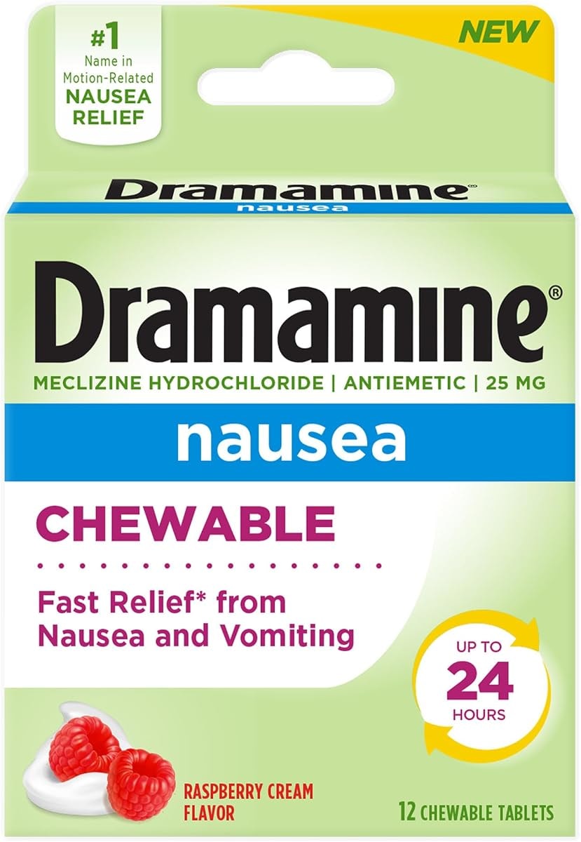 Dramamine Nausea Chewable Nausea Relief with Meclizine, Raspberry Cream Flavor, 12 Count