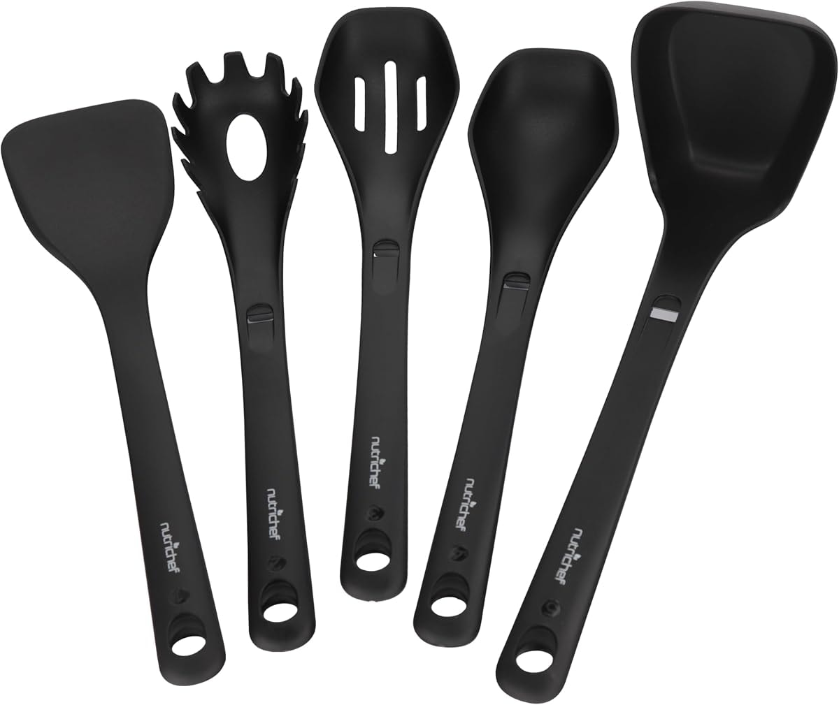NutriChef Silicone Kitchen Utensils Set - 8-pc Utensil Set with Spatula, Pasta Fork, Solid Spoon, Slotted Spoon & Tool Stand, Heat-Resistant, Food-Grade Safe, Easy-to-Clean, Stackable Design (Black)