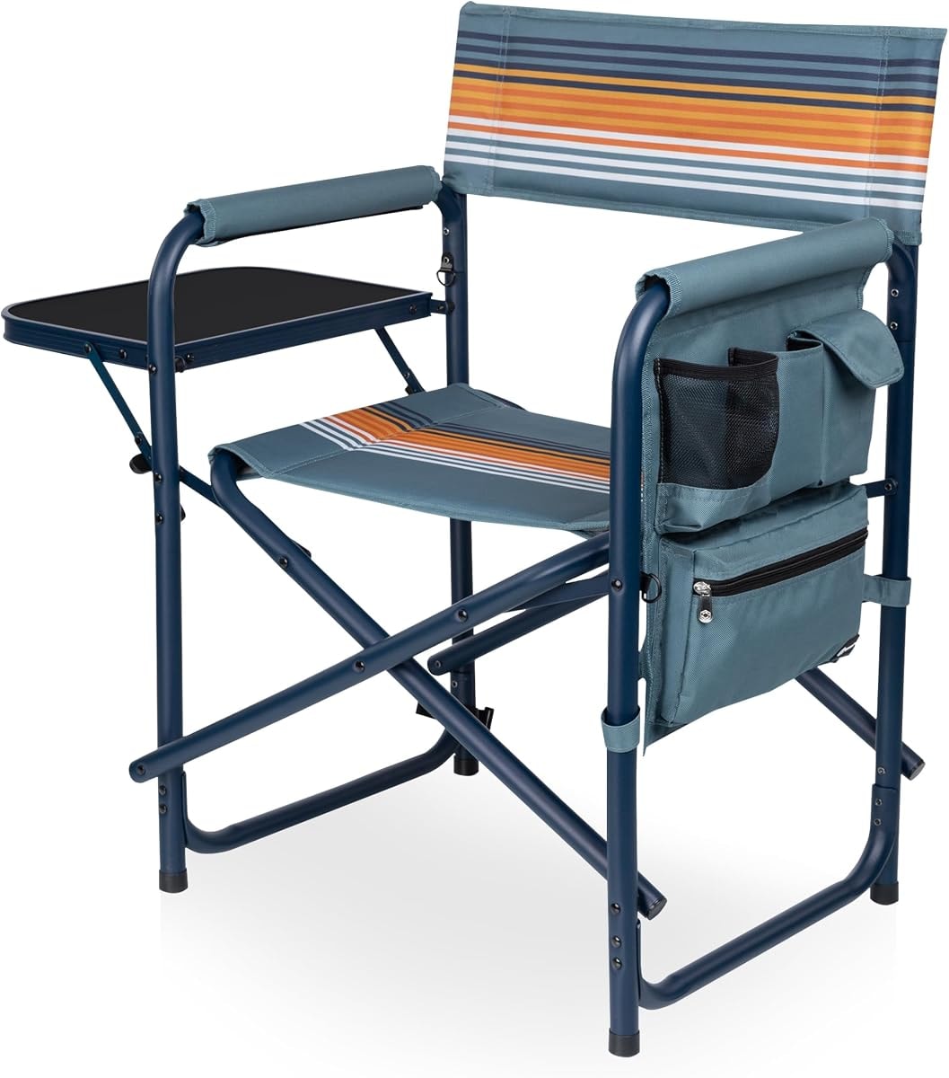 Picnic TIME Sports Chair with Side Table and Armrest Caddy, Lightweight Aluminum Folding Outdoor Camping Chair for Adults, Portable Director Style Lawn Seating, (Marine Stripe with Navy Blue Frame)