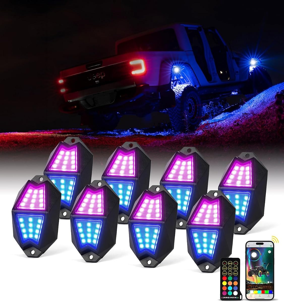Xprite 8 Pods RGB LED Rock Lights, Aluminum 220° Wide Angle with APP/RF Remote Control Chasing Effect, Music Sync & Turn Brake Signals Compatible with Trucks, Jeeps, UTV, ATV