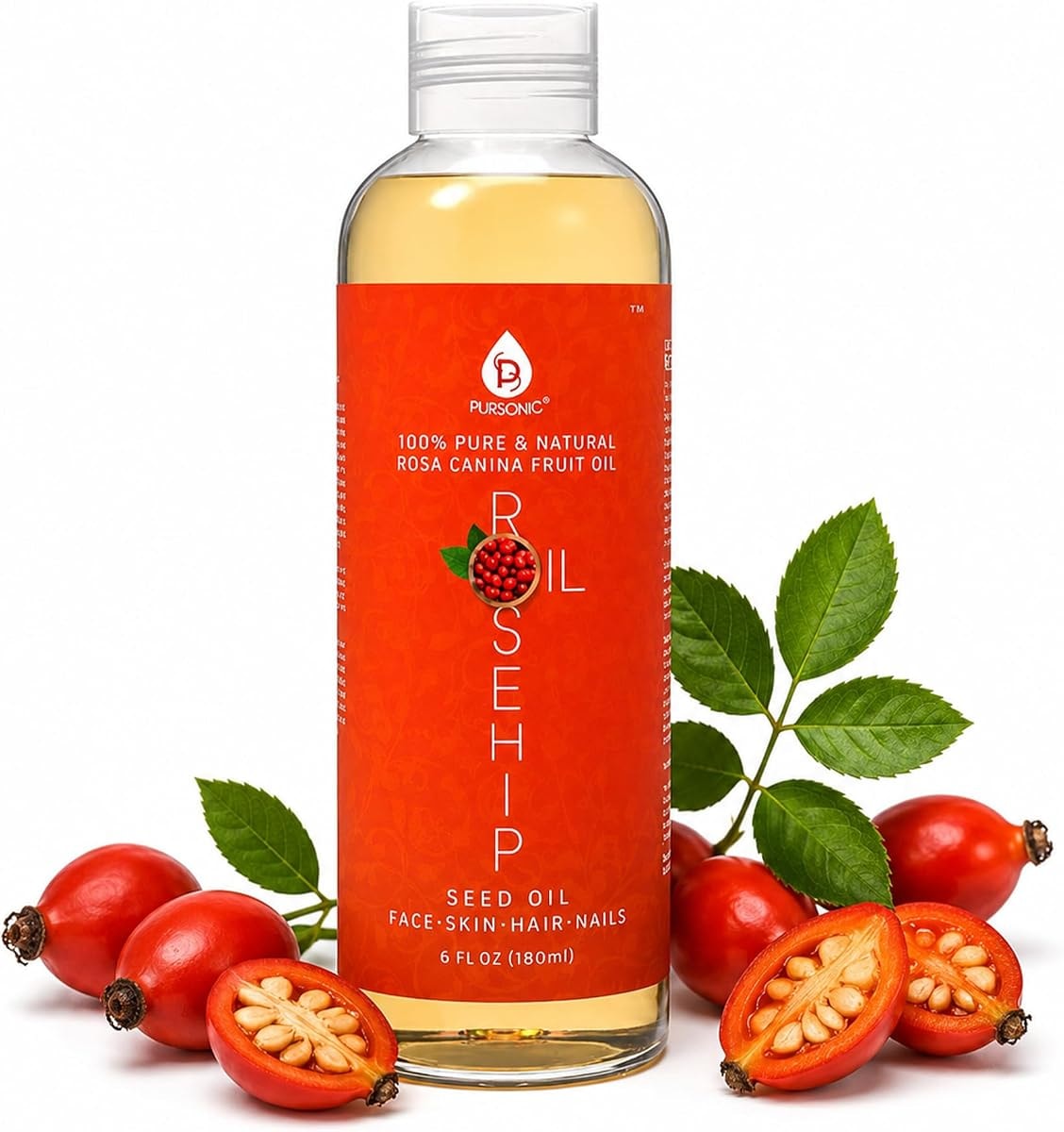 PURSONIC Pure Cold Pressed Rosehip Seed Oil for Face, Hair, Skin & Nails - Hydrating Lightweight Moisturizer for Dry Acne Prone Skin & Brightening Care with Fast Absorbing Formula - 6 Fl Oz