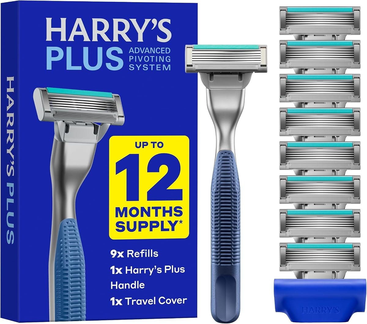 Harry's Plus Razor and Blade Value Pack, 1 Razor Handle (Tide), 9 Razor Blade Refill Cartridges- German Engineered- Up to 12 Months of Smooth Shaving