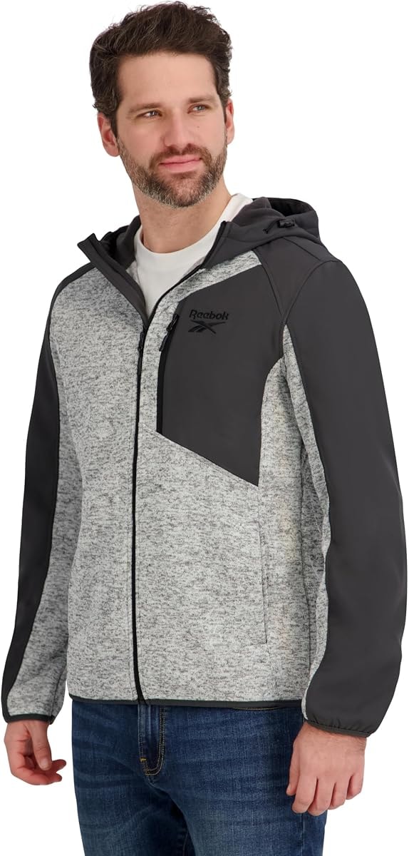 Reebok Mens Full Zip Hooded Sweater Fleece Jacket, Grey, L